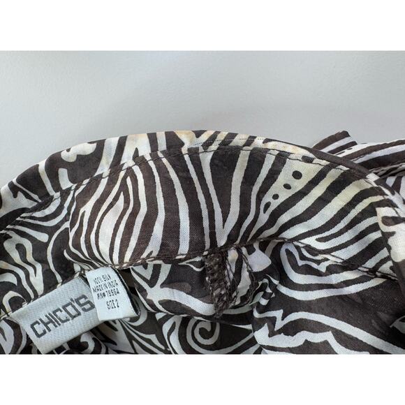 CHICOS Shirt Womens Silk Button Up Top Size 2 Large Brown Cream Resort Tribal - Picture 13 of 14